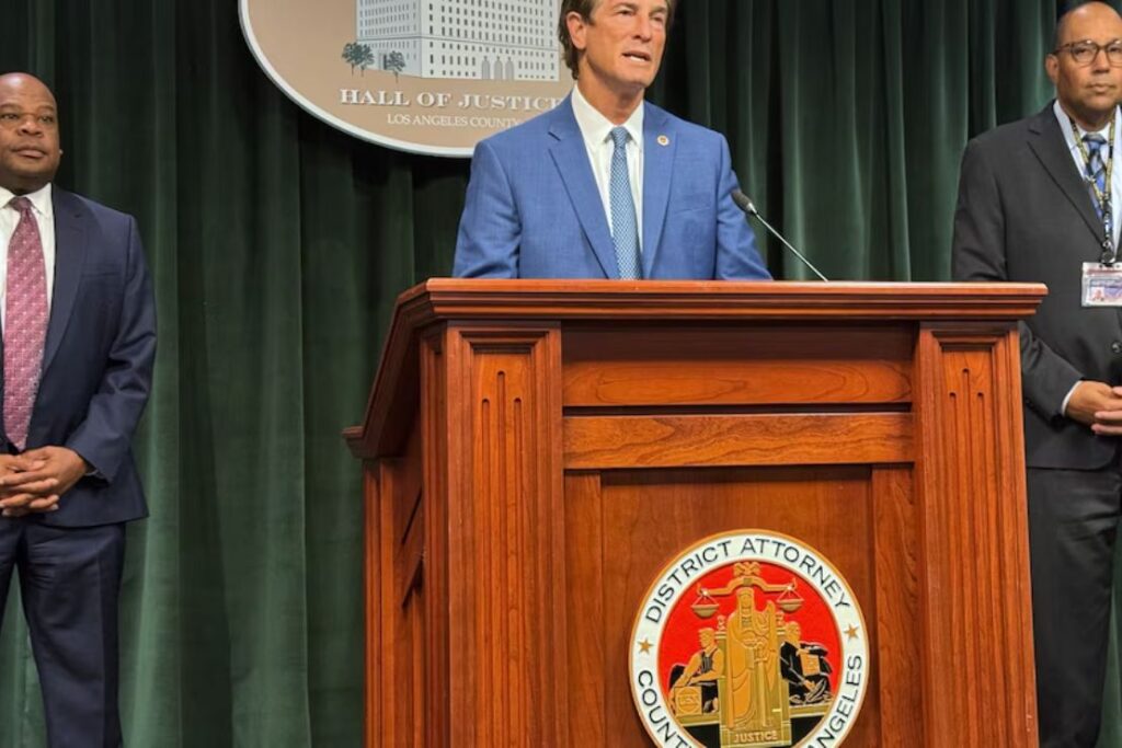 Los Angeles District Attorney Nathan Hochman delivers remarks at a press conference on Wednesday, Aug. 19, 2026, at the Hall of Justice in Los Angeles. (AP Photo/Safiyah Riddle)