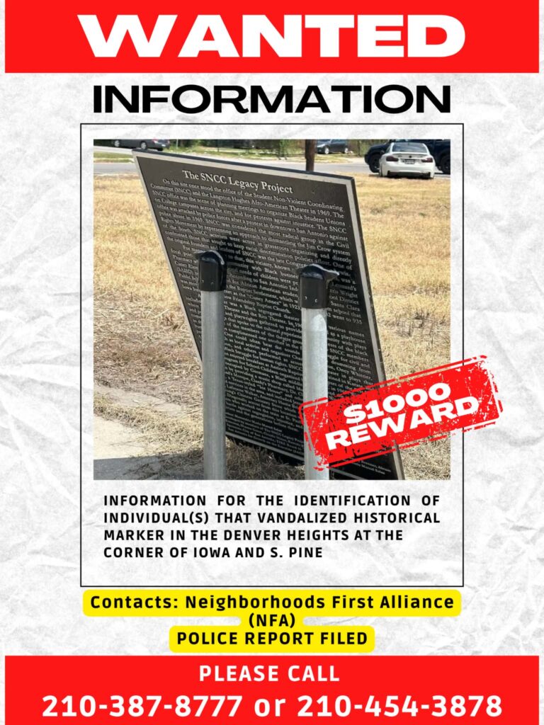Neighborhoods First Alliance is offering a $1,000 reward for information identifying those responsible for vandalizing this historic marker in Denver Heights.