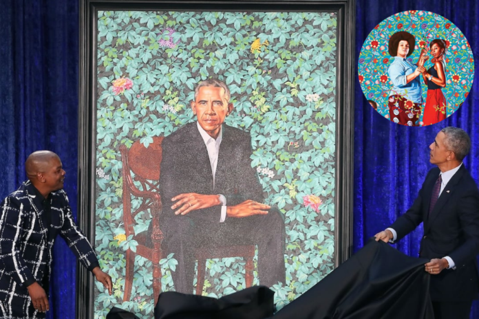 A presidential portrait by Kehinde Wiley is unveiled at the Smithsonian’s National Portrait Gallery in 2018. The Trump administration has since removed a separate Wiley painting from the U.S. Embassy in the Dominican Republic.