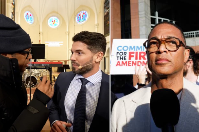 Don Lemon is pictured reporting from inside Cities Church in St. Paul, Minnesota, during the Jan. 18 protest, left, and speaking outside federal court following his arrest, right.