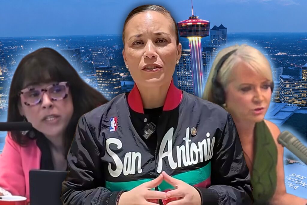 Mayor Gina Ortiz Jones, center, with Councilwoman Phyllis Viagran, left, and Centro CEO Trish DeBerry , right, amid debate over the city’s proposed $489 million Spurs arena contribution.