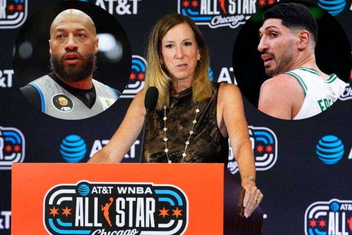 WNBA Commissioner Cathy Engelbert, center, is pictured alongside former NBA players Royce White, left, and Enes Kanter Freedom, who declared themselves eligible for the WNBA draft while saying they identify as women.