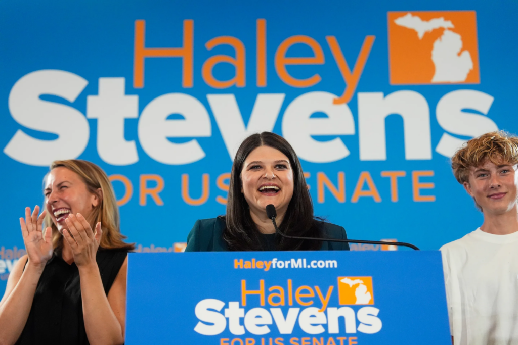 Rep. Haley Stevens, D-Mich., a candidate in the Democratic primary for U.S.
Senate in Michigan, speaks during a primary election night event
Wednesday, Aug. 5, 2026, in Detroit. (AP
Photo/Paul Sancya)