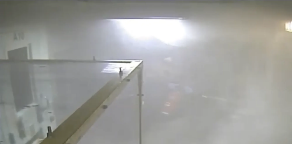 A security camera in the Joliet Treatment Center captured a correctional officer spraying a fire extinguisher through a slot into Stephens’ cell on July 27, 2024. Credit: Kaplan & Grady, legal representation for Jason Stephens’ family | The Marshall Project