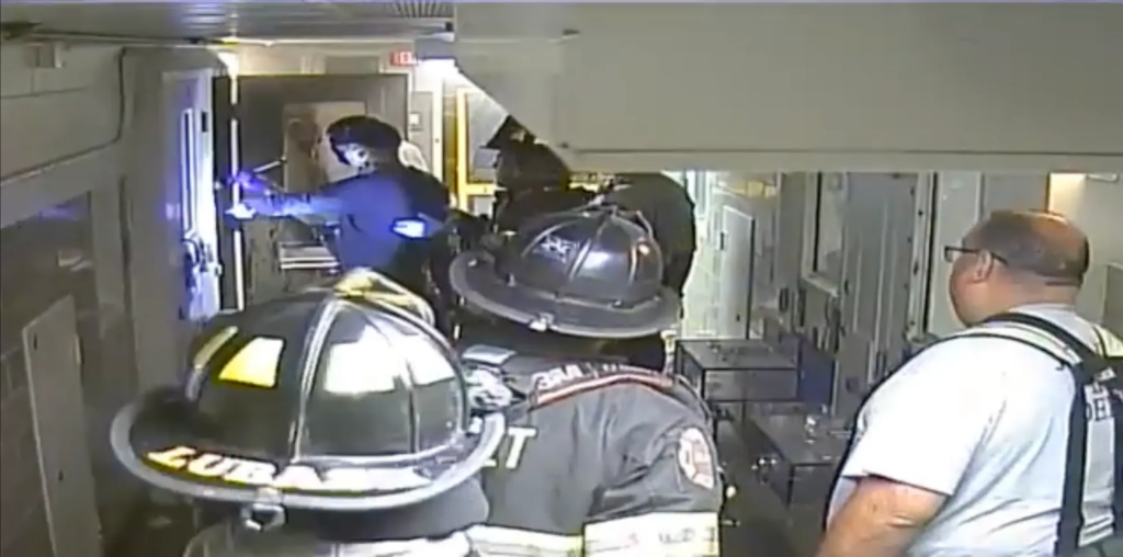 When firefighters eventually pulled Stephens from his cell, he was unconscious but still breathing. Credit: Stills from videos provided Kaplan & Grady, legal representation for Jason Stephens’ family | The Marshall Project