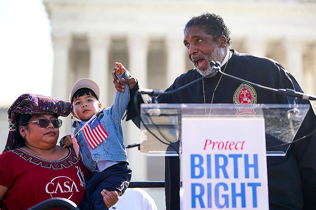 Rev. William Barber II (R), co-chair of the Poor People’s Campaign, speaks during a rally on protecting birthright citizenship outside the U.S. Supreme Court on April 01, 2026 in Washington, DC.(Photo by Al Drago/Getty Images)