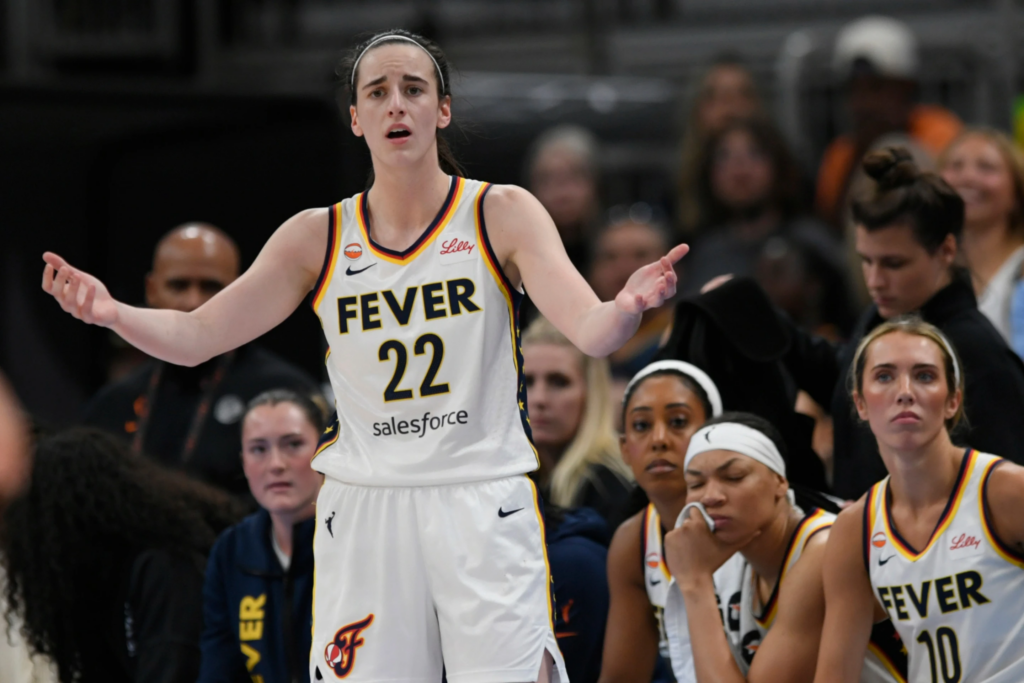 Indiana Fever's Caitlin Clark reacts after being called for a foul during the second half of an WNBA basketball game against the Chicago Sky in Chicago, Saturday, Aug. 8, 2026. (AP Photo/Paul Beaty)
