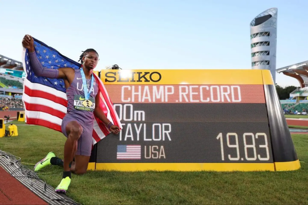 The 18-year-old is the first athlete in 40 years of the Under-20 World Championships to win the sprint treble. Emilee Chinn / WA / Getty Images for World Athletics
