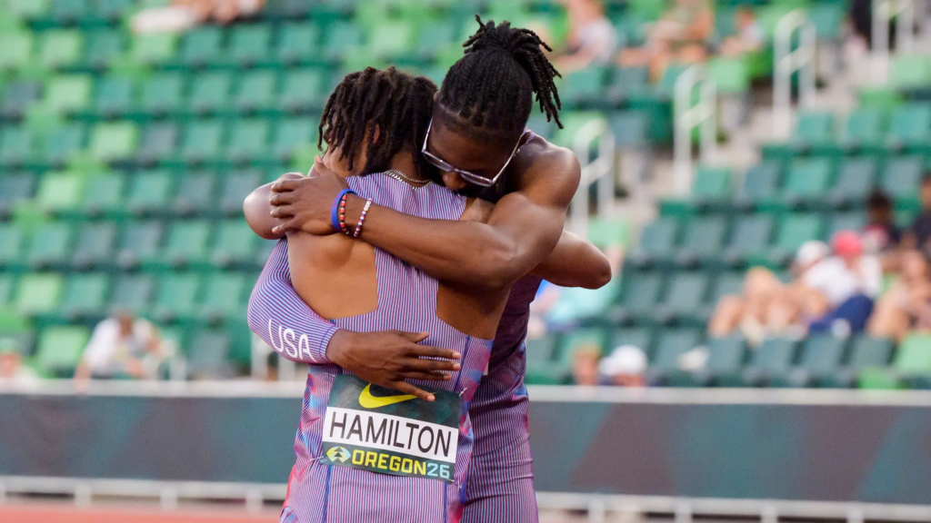 USA’s Tate Taylor, right, embraces teammate Blake Hamilton after the pair finished first and second, respectively, in the men’s 200 meters on the fourth day of the World Athletics U20 Championships on August 8, 2026 at Hayward Field in Eugene, Oregon. | USA TODAY Network via Reuters Connect