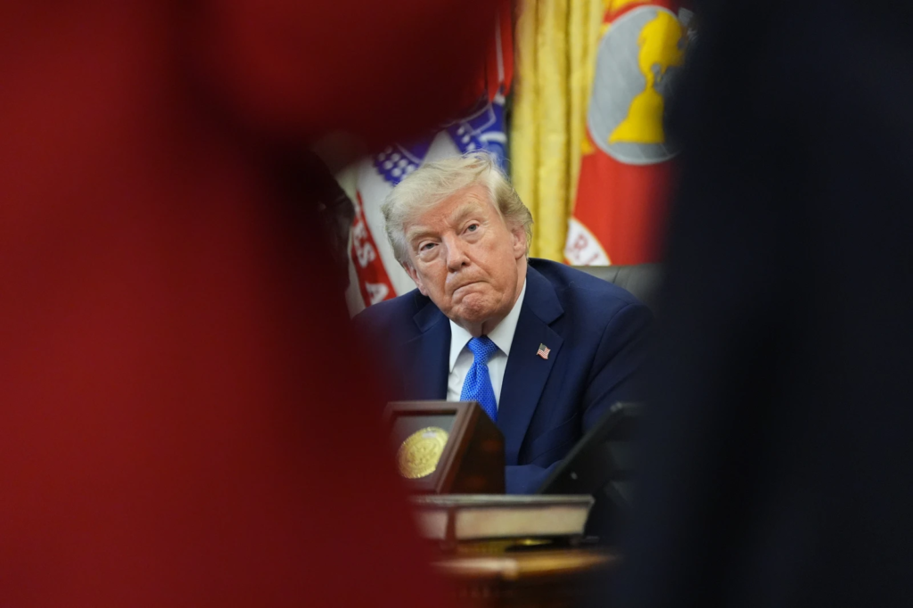 President Donald Trump speaks in the Oval Office of the White House, Thursday, Aug. 6, 2026, in Washington. (AP Photo/Alex Brandon)