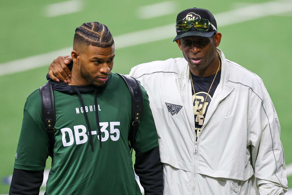 Deion and Shilo Sanders on March 20, 2025. Credit : Aaron M. Sprecher/Getty